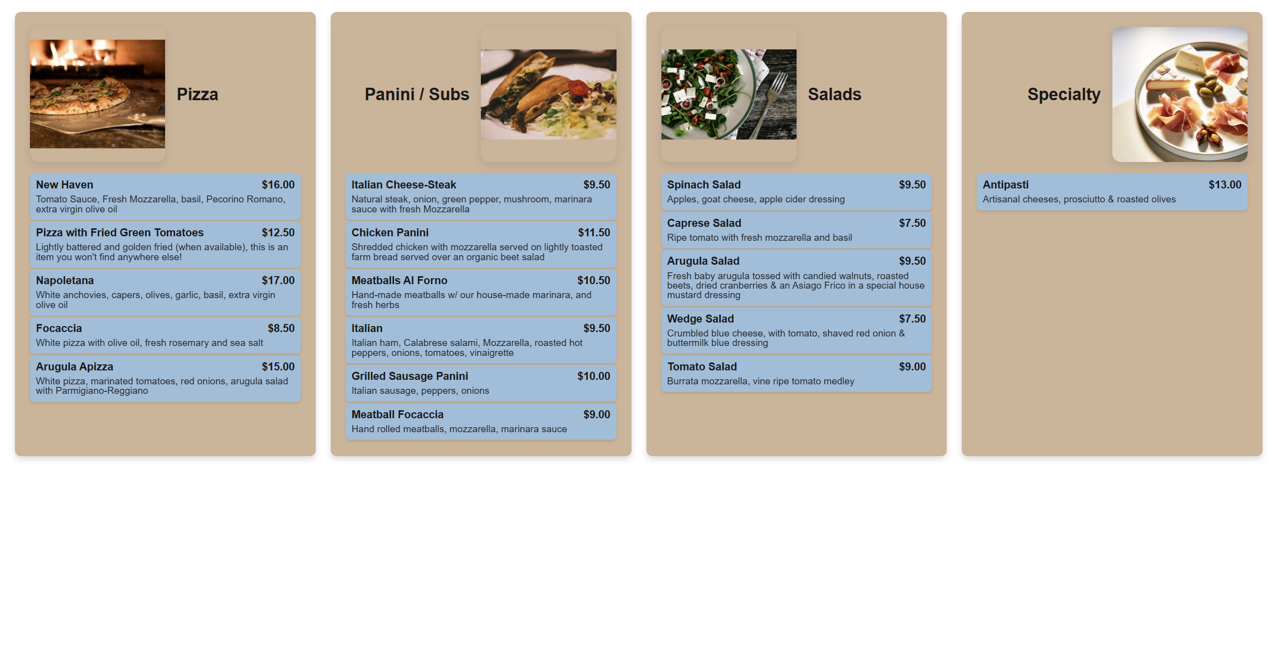Customer Menu Display Demo