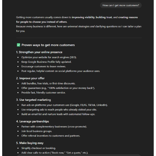 Chatbot reply to 'How can I get more customers?' with a long list of tactics