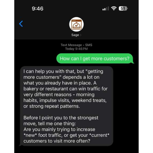 Sage SMS reply to 'How can I get more customers?'